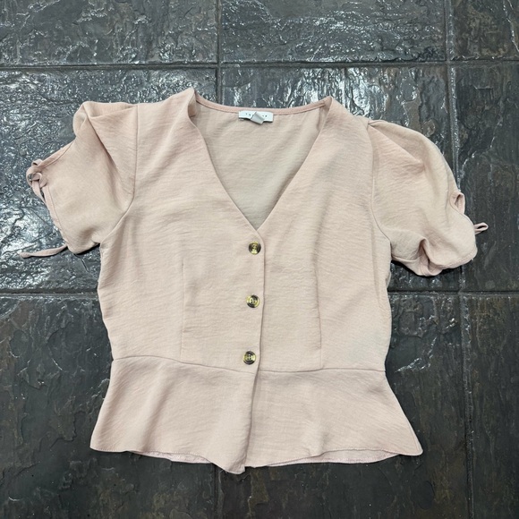Topshop Blush Peplum Button-Down Puff Sleeve Blouse US 6 - Picture 2 of 10